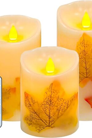 AVEKI LED Candle Lights, 3 Pcs Flickering Flameless Maple Leaf Candle Lights with Remote & Timer Battery Operated LED Electric for Autumn Thanksgiving Fall Decor Harvest Halloween Wedding