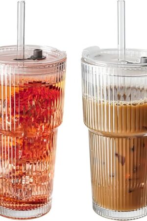 20oz Ribbed Glass Tumblers with Lids & Straws, Ideal for Iced Coffee, Cocktails & More - Includes Cleaning Brush