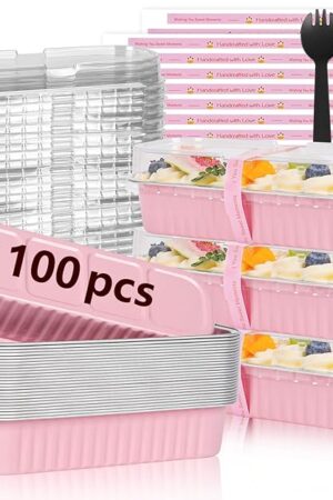 100 Pack Mini Loaf Pans with Lids and Spoons Sealing Sticker, 6.8oz Mini Cake Pans for Baking, Disposable Aluminum Foil Loaf Pans, Pink Loaf Baking Pans, Small Cake Containers With Lids