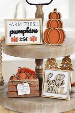 DAZONGE Fall Decor, 5PCS Fall Decorations for Home, Hello Sign, Stacked Pumpkin, Farm Fresh, Pumpkin Crate, Bead Garland, Rustic Tiered Tray Decor