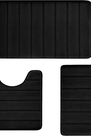 Bathroom Rugs Set Memory Foam Bath Rugs Non-Slip Bath Mat Set 3 Piece,Washable Bathroom Mats,Absorbent Shaggy Rugs Super Soft U-Shaped Toilet Rug,Bahroom Carpets for Bathroom,Tub,Shower（Black）