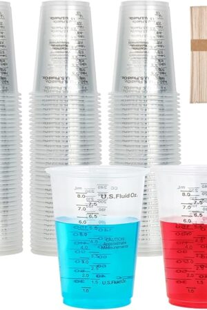 100 PACK Plastic Measuring Cups, 8 oz Disposable Mixing Cups with 100 Wooden Mixing Sticks, Can Be Used for Epoxy Resin, Liquid Measuring, Paint, Cooking and Baking