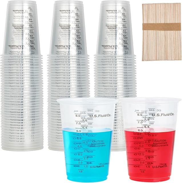 100 PACK Plastic Measuring Cups, 8 oz Disposable Mixing Cups with 100 Wooden Mixing Sticks, Can Be Used for Epoxy Resin, Liquid Measuring, Paint, Cooking and Baking