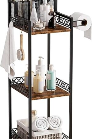 3-Tier Bathroom Shelf Organizer with Hair Dryer Holder and Toilet Paper Hook, 9.85" Slim Metal Stand for Small Spaces, Holds 50lbs - Freestanding Storage for Towels, Toiletries