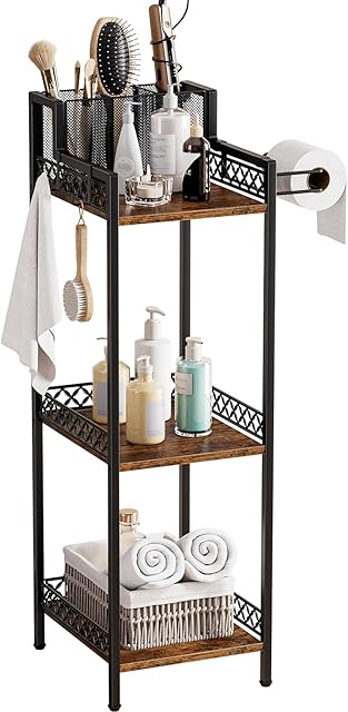 3-Tier Bathroom Shelf Organizer with Hair Dryer Holder and Toilet Paper Hook, 9.85" Slim Metal Stand for Small Spaces, Holds 50lbs - Freestanding Storage for Towels, Toiletries