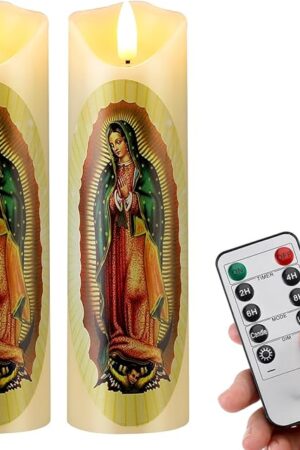 2 Pcs Religious Flameless LED Prayer Candle Real Wax Baptism Set Devotion Candles Religious Decoration Gift for Home and Office, Battery Operated with Remote Control(Lady of Guadalupe)