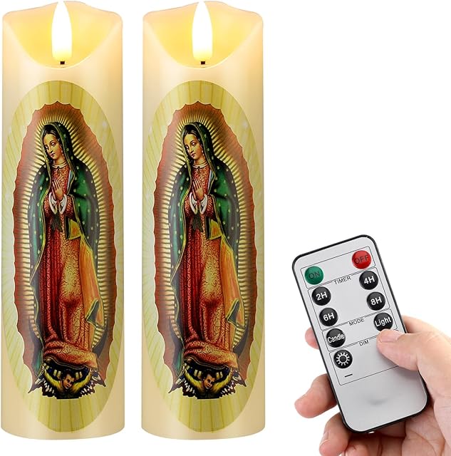 2 Pcs Religious Flameless LED Prayer Candle Real Wax Baptism Set Devotion Candles Religious Decoration Gift for Home and Office, Battery Operated with Remote Control(Lady of Guadalupe)