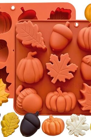 3D Pumpkin Silicone Mold 2PCS Fall Silicone Mold Thanksgiving Candy Mold Autumn Maple Leaf Acorn shape Chocolate Mold Soap Candy Cake Pan Baking Molds for Cake Cupcake Decoration (Orange)