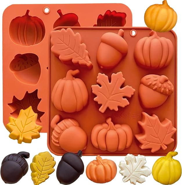 3D Pumpkin Silicone Mold 2PCS Fall Silicone Mold Thanksgiving Candy Mold Autumn Maple Leaf Acorn shape Chocolate Mold Soap Candy Cake Pan Baking Molds for Cake Cupcake Decoration (Orange)