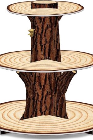 Wooden 3 Tier Cupcake Stand Decoration - Rustic Wood Cupcake Stand Decor for Camping, Birthday, Safari Party Supplies
