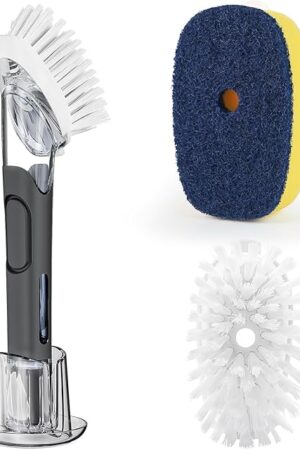 AJXX Dish Brush with Soap Dispenser Storage Set, Dish Soap Brush with 2 PCS Brush Heads & Holder, Soap Dispenser Brush with Handle, Dish Brush with Soap Dispenser, for Utensils, Pans, Sinks, Cookware