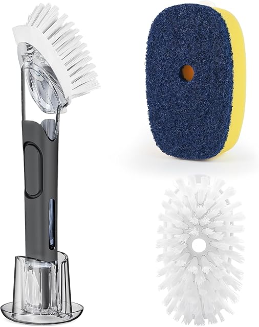 AJXX Dish Brush with Soap Dispenser Storage Set, Dish Soap Brush with 2 PCS Brush Heads & Holder, Soap Dispenser Brush with Handle, Dish Brush with Soap Dispenser, for Utensils, Pans, Sinks, Cookware