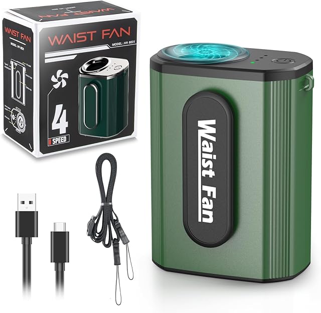 2025 Portable Waist Fan Rechargeable - 4-Speed 17500RPM High-Power Personal Fan, Wearable Lightweight Hands-Free Belt & Neck Fan, Under Shirt Cooling for Outdoor Work, Camping, Jobsite(Green)