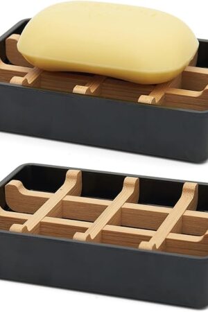 Bamboo Soap Dishes for Shower with Drainage Wooden Soap Bar Holder for Bathroom Soap Tray Easy to Clean, Durable and with Non-Slip Pads(Single Black Square)