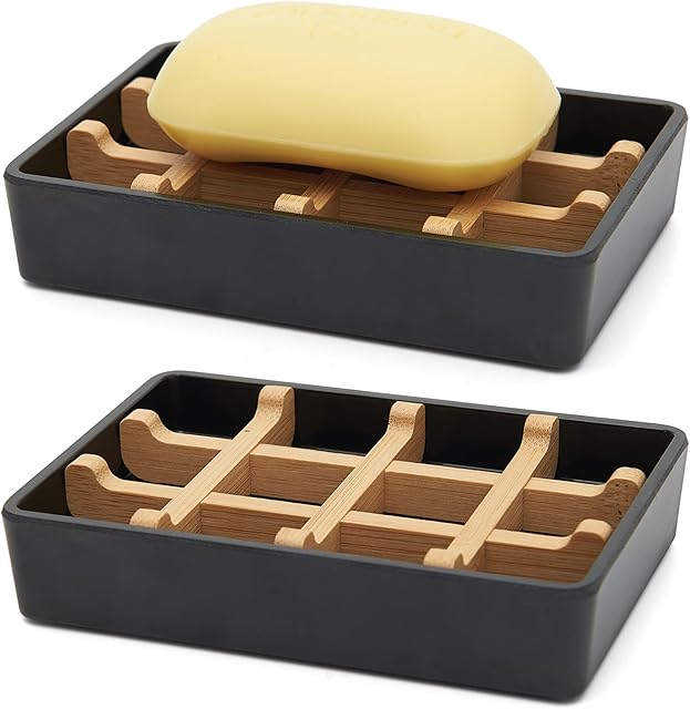 Bamboo Soap Dishes for Shower with Drainage Wooden Soap Bar Holder for Bathroom Soap Tray Easy to Clean, Durable and with Non-Slip Pads(Single Black Square)