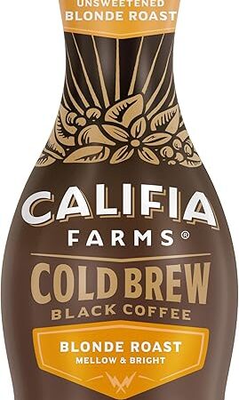 Califia Farms - Pure Black Blonde Roast Cold Brew Coffee, 48 Oz, 100% Arabica, Plant Based, Vegan, Gluten Free, Non GMO, Sugar Free, Iced Coffee