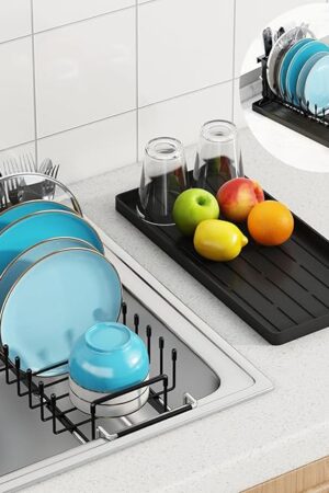 ANTOPY Sink Dish Drying Rack - Expandable Small Dish Rack Over Sinks with Silicone Drying Tray, Dish Drainer for Kitchen Counter with Cutlery Holder, Drying Rack Fit for 14’’-19’’ Kitchen Sink