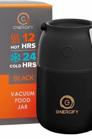 ENERGIFY Vacuum Insulated Food Jar. Large 17oz Bowl incl. Folding Spoon, Cup. Wide Mouth Keep Hot & Cold Drinks Soup Lunch Container for Adults. BPA-Free Stainless Steel, Leak Prooff Black Matte