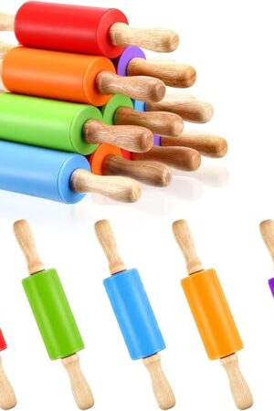 10Pcs 9 Inch Silicone Small Rolling Pin for Kids Wooden Rolling Pins for Baking Mini Rolling Pin Silicone 5 Colors Wooden Handle Rolling Pin for Kitchen Cake Baking Cookie