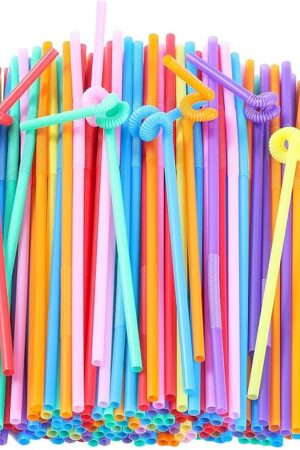 [100 Pack] 10.24" High Extra Long Flexible Plastic Straws, Disposable Drinking Straws, Colorful Bendy Straws - Assorted Colors