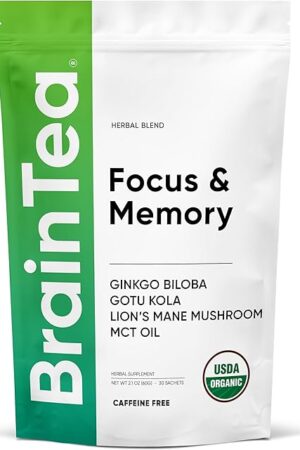 Brain Tea Focus & Memory - Organic Certified 4-in-1 Nootropic Brain Supplement with Ginkgo Biloba, Gotu Kola, Lion’s Mane Mushroom and MCT - Caffeine-Free Herbal Tea for Mental Clarity (30 Sachets)
