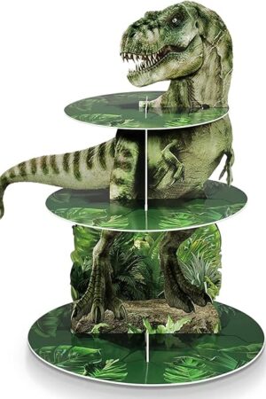 3 Tier Dinosaur Cupcake Stand Party Decorations Dinosaur Theme Cupcake Holder Decorations Dino Dessert Tower for Kids Dino Jungle Theme Party Birthday Supplies(Realistic)
