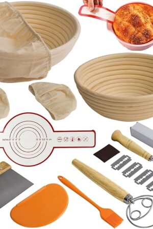 16PCS Bread Proofing Basket Kit, 9 In Round Sourdough Proofing Basket, Proofing Set, Sourdough Bread Baking Supplies with Dough Whisk, Linen Liner, Dough Scraper, Bread Lame