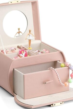 Vlando Kids Musical Jewelry Box for Girls with Drawer, Music Box with Ballerina and Stickers for Birthday Bedroom Decor, Gifts for Girls Kids - Pink