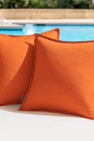 Woaboy Set of 2 Outdoor Waterproof Throw Pillow Covers Broadside Decorative Farmhouse Linen Cushion Cases for Bedroom, Living Room, Patio, Sofa, Chairs 18x18 inch, Orange