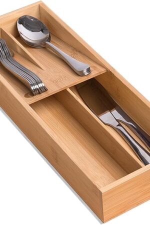 Bamboo Silverware Drawer Organizer, Kitchen Small Silverware Organizer, Utensil Tray Holder, Cutlery Tray for Spoons, Forks, Knives, Suitable for a family of 2-4