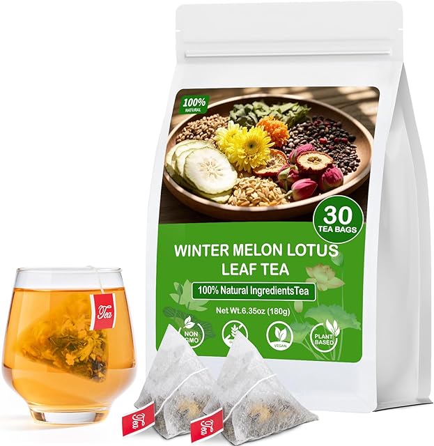 Winter Melon Lotus Leaf Tea, 100% Natural Oil Cleansing Tea, Traditional Chinese Oil Reducing Herbal Teabags for Men & Women, 8 Precious Ingredients Formula (1 Pack/30 Bags)