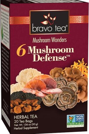 Bravo Tea 6 Mushroom Defense Herbal Tea, Caffeine Free, 20 Bags | Immune Support | Caffeine Free | 1 Count