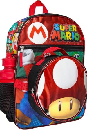 Bioworld Super Mario Backpack with Detachable Mushroom Lunch Tote 16 Inch 5 Piece Set
