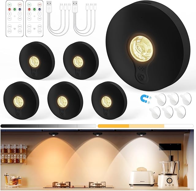 Yiliaw Rechargeable Puck Lights 6 Pack LED Tap Lights Black