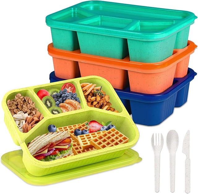4 Pack Bento Box Lunch Box Container for Adult Kid, 4 Compartment Meal Prep Containers with Lids, Reusable Snack Box Container for Work Travel Picnic, Microwave & Dishwasher Safe