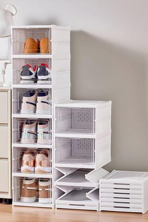 Drop Front Shoe Storage Box, No Assembly Stackable Shoe Organizer Storage Bin with Clear Door, Free Standing Shoe Shelf Cabinet with Lid, Plastic Shoe Rack for Closet Entryway, 6-Tier