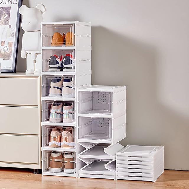 Drop Front Shoe Storage Box, No Assembly Stackable Shoe Organizer Storage Bin with Clear Door, Free Standing Shoe Shelf Cabinet with Lid, Plastic Shoe Rack for Closet Entryway, 6-Tier
