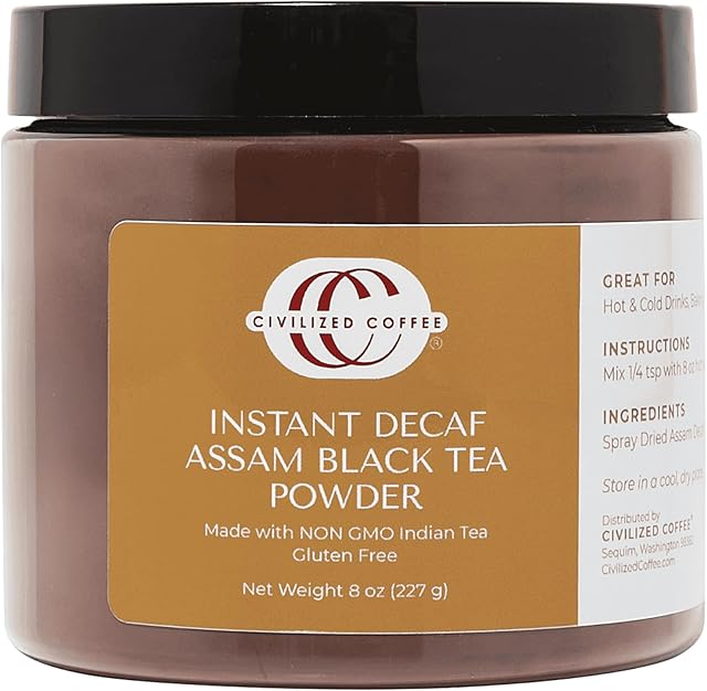 Civilized Coffee Decaffeinated Instant Black Tea Powder Assam for Hot Tea, Iced Tea & Baking (8oz)