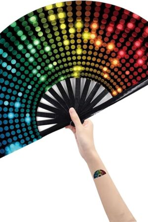Amajiji Large Folding Hand Rave Fan Popping Fan for Line Dancing Clacking Fans for Boots On The Ground Dance,Party,Decoration,Festival (DJ Lighting)