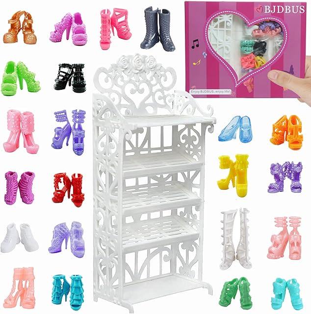 The BJDBUS 1 Doll Shoes Rack Shelf + 20 Pairs Shoes Set Accessories High Heel Boots Sandals Assorted Furniture for 11.5 Inch Girl Doll