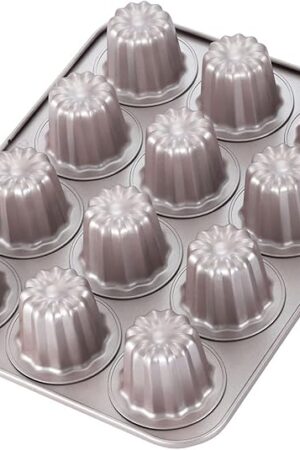 CHEFMADE Canele Mold Cake Pan, 12-Cavity Non-Stick Canele Muffin Bakeware Cupcake Pan for Oven Baking (Champagne Gold)