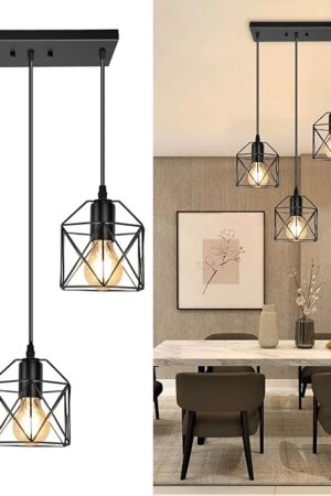 3-Light Hanging Pendant Light Fixtures, Farmhouse Kitchen Island Light Fixture, Industrial Hanging Pendant Lighting for Dining Room Bedroom Hallway, Black Metal Cage Pendant Lamp, E26 Base