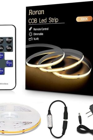 White Cob LED Strip Lights with Remote, Warm Lighting, Rope Lights Indoor, Cuttable Led Light Strips for Mirrors, Shelves, Cabinets, Living Room, Bedroom, 16.4ft 3000K Dimmable