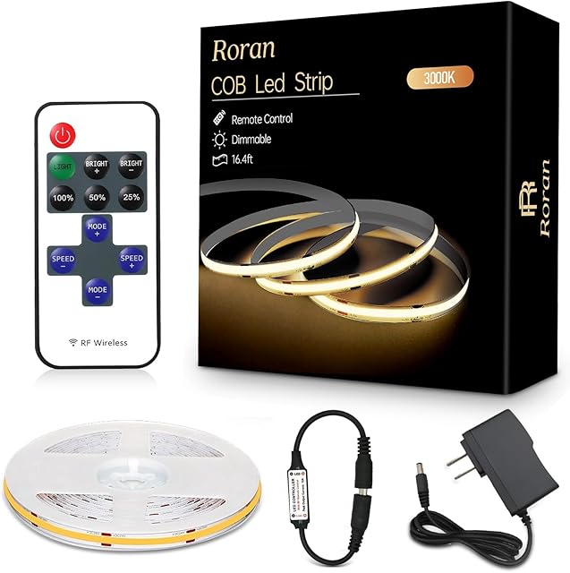 White Cob LED Strip Lights with Remote, Warm Lighting, Rope Lights Indoor, Cuttable Led Light Strips for Mirrors, Shelves, Cabinets, Living Room, Bedroom, 16.4ft 3000K Dimmable