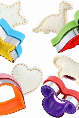 Elfkitwang Sandwich Cutter and Sealer Set,4 Pcs Bread Sandwich Decruster Pancake Maker DIY Cookie Cutters for Kids Bento,Heart Dinosaur Star Mouse Shapes Mold.