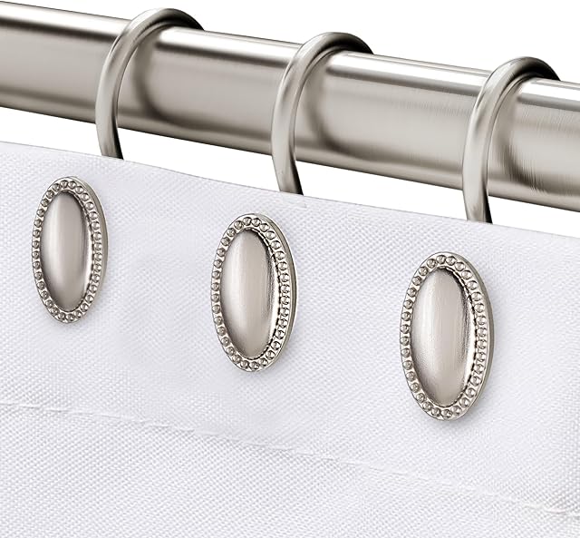 Brushed Nickel Shower Curtain Hooks, Decorative Shower Curtain Rings, Rust Resistant Metal Shower Hooks for Bathroom, Rust Proof Shower Hooks Hangers for Shower Curtain Rod, Set of 12