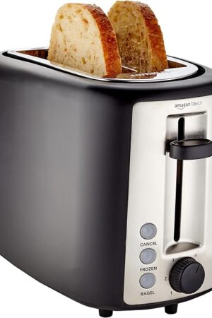 Amazon Basics 2 Slice Toaster, With 6 Browning Settings, Extra Wide Slots For Bagels and Special Breads, Removable Easy-to-Clean Crumb Tray, Cancel/Defrost/Bagel Buttons, 900W, Black & Silver