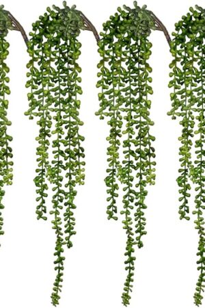CEWOR 4pcs Fake Hanging Plants, String of Pearls Artificial Hanging Succulents Greenery Wall Backdrop Decor, Artificial Plants Indoor for Home Garden Outdoor Decoration