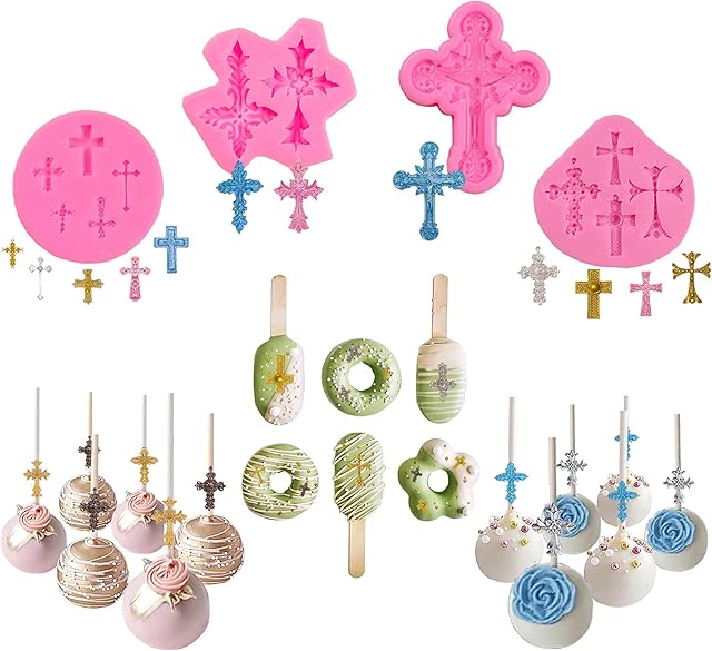 4 Pcs Small Chocolate Molds Baptism Cake Decorations Cross Cake Candy Mold,Fondant Polymer Clay Mold