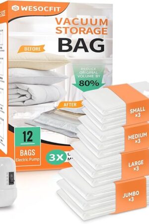 12 Pack Vacuum Storage Bags with Electric Pump, (3 Small, 3 Medium, 3 Large, 3 Jumbo) Vacuum Seal Bags for Clothing, Space Saver Bags for Travel, Luggage Compression Packing